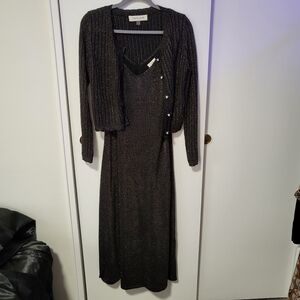 Taylor Black and Gold Glitter Midi Knit Dress and Cardigan Set M